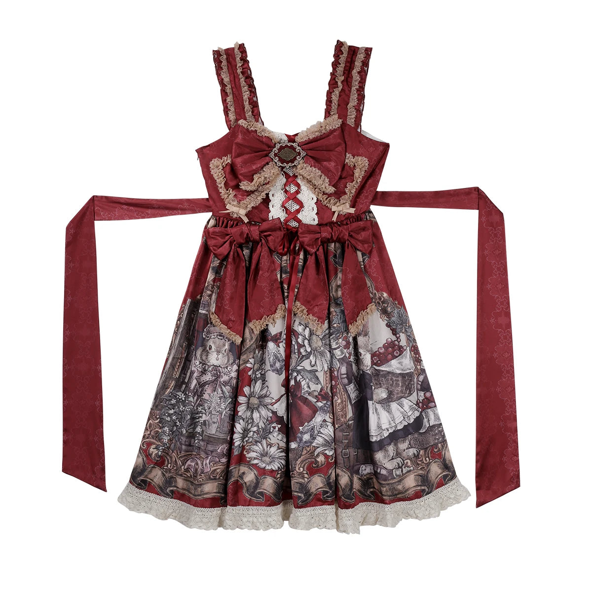 Mysterious Ribe - Red Classic Lolita Jumper Skirt & Blouse Set, Rabbit Print (JSK / 2XL L M S XL) 45968:870075