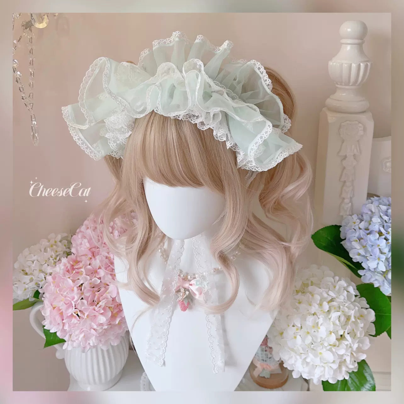 CheeseCat~Sweet Lolita Bonnet Organza Bow Headdress 35230:574294