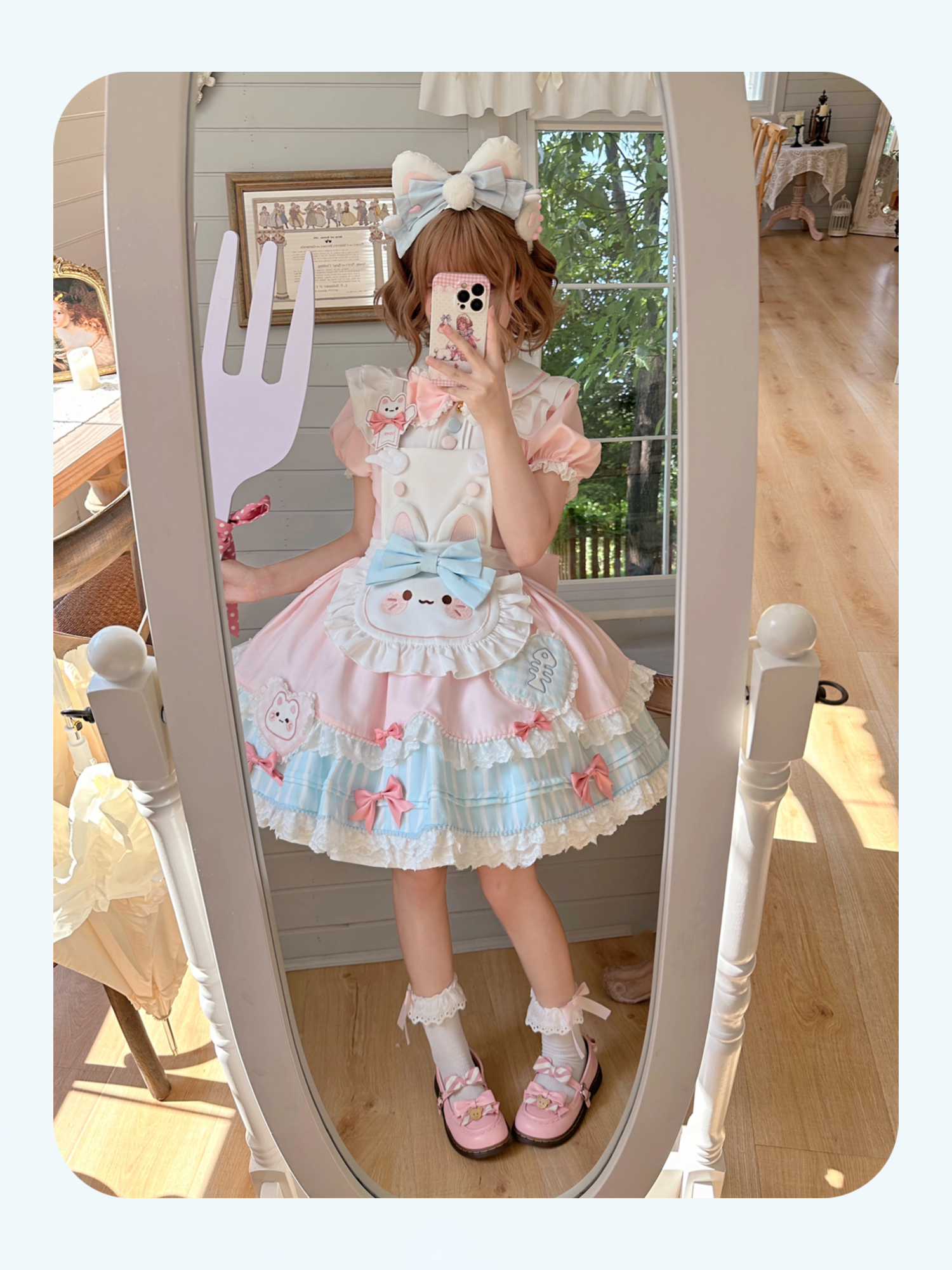 Jiuli Lolita - Nine Meow Bunny - Sweet Lolita Bunny Apron OP Dress, Back Zipper 44098:795715