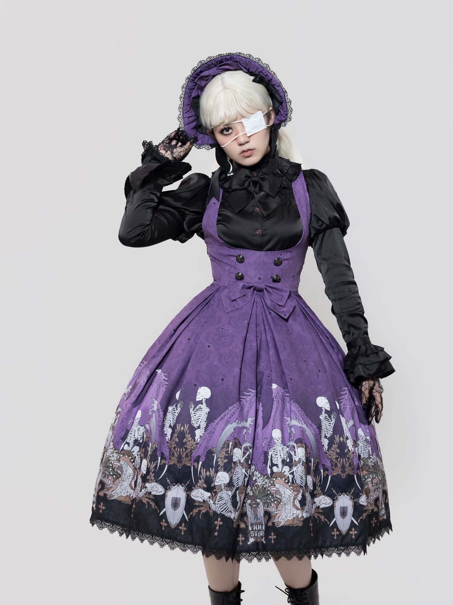 Dragon Bone Lily - Vintage Gothic Lolita Dragon & Skeleton Print JSK Dress 45283:844486