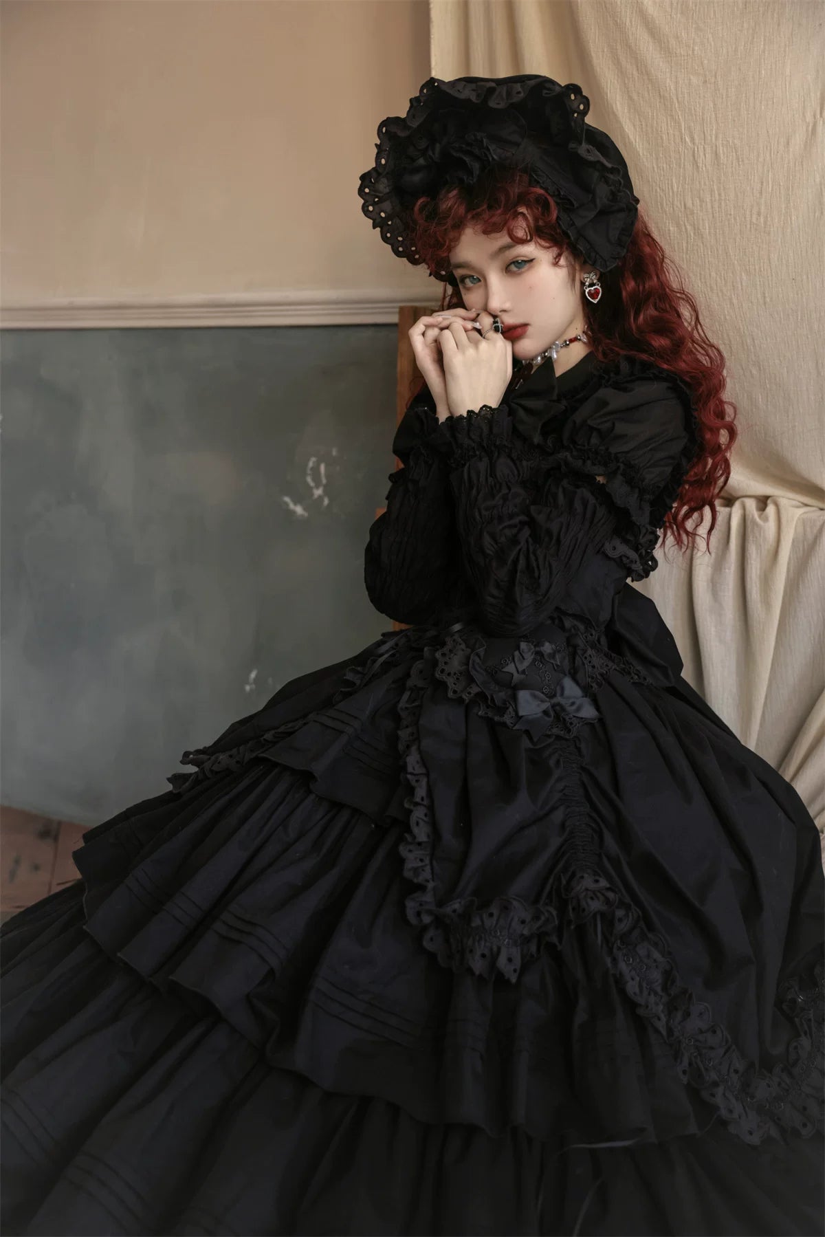 Cotton Gothic Lolita Long JSK, Drawn-up Hem 45213:841095