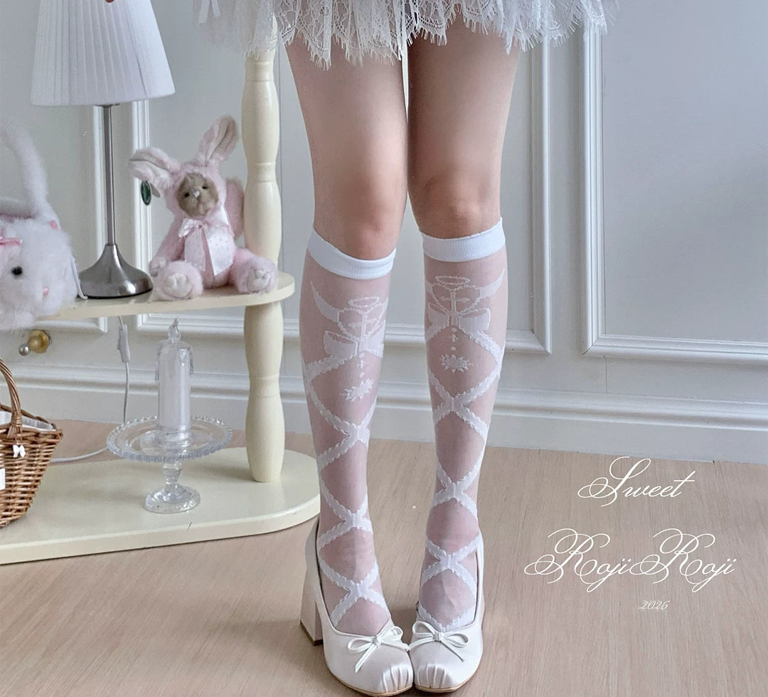 Lolita Cross Printed Socks with Layered Lace Trim Cuff (White) 45516:852720
