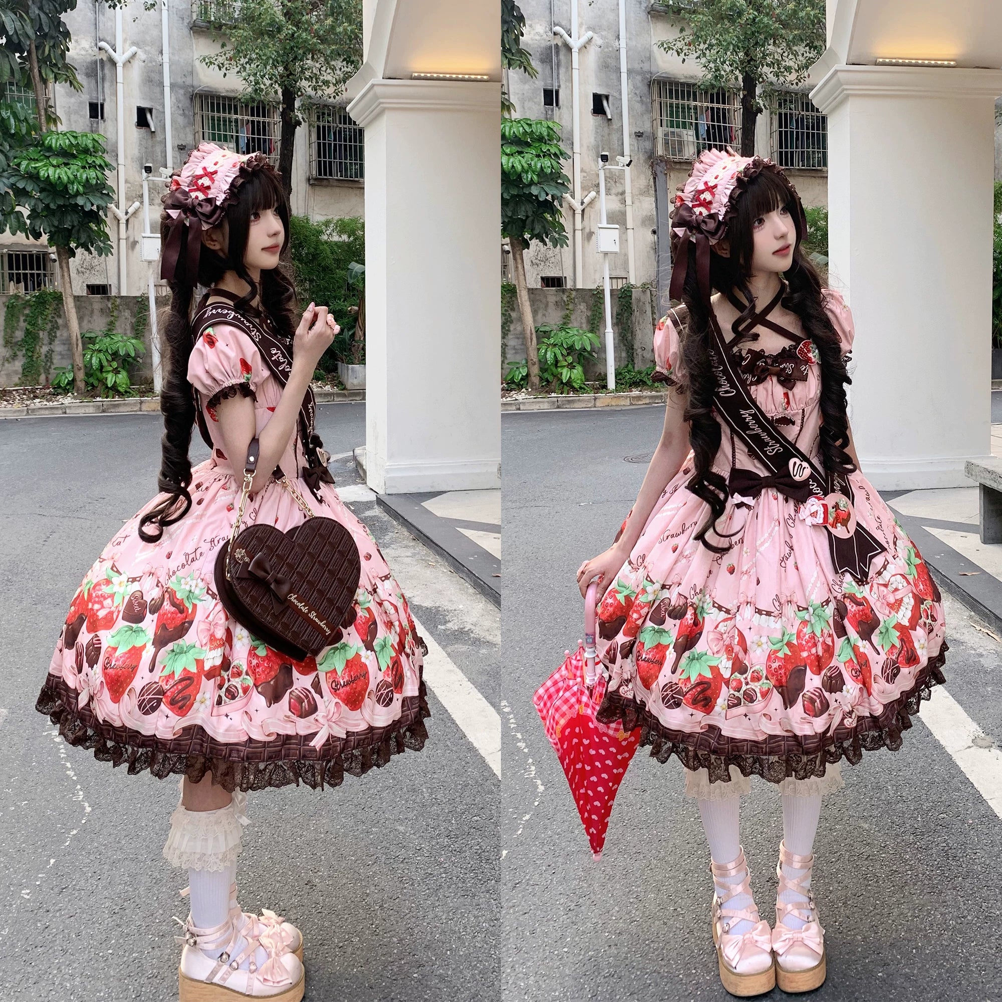 Strawberry Chocolate Lovers - Kawaii Lolita Embroidered Printed Dress 44882:840984