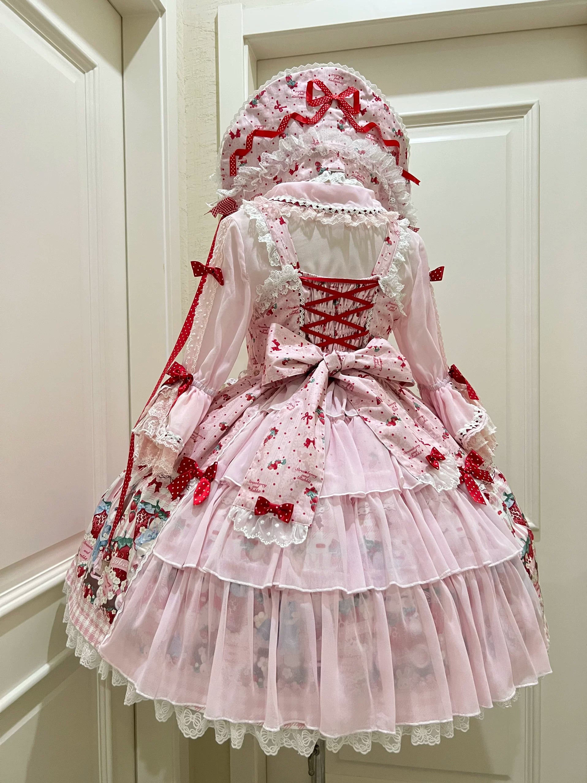 Strawberry Plaid Bunny - Printed Sweet Lolita JSK Dress, Hime Sleeve Blouse