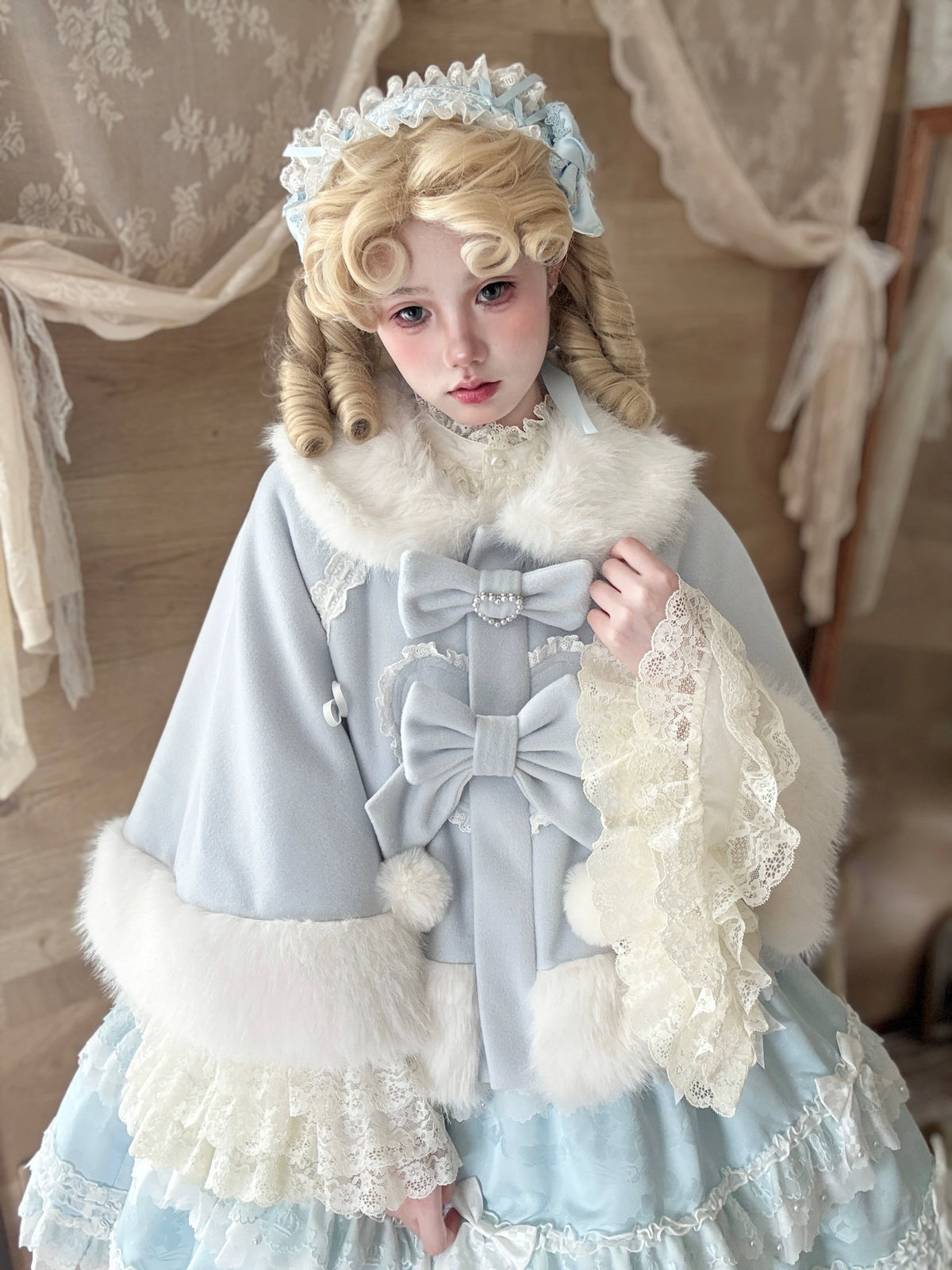 Small Snowball - Sweet Lolita Faux Fur Cape Coat, Pom-pom & Bow 45920:868034