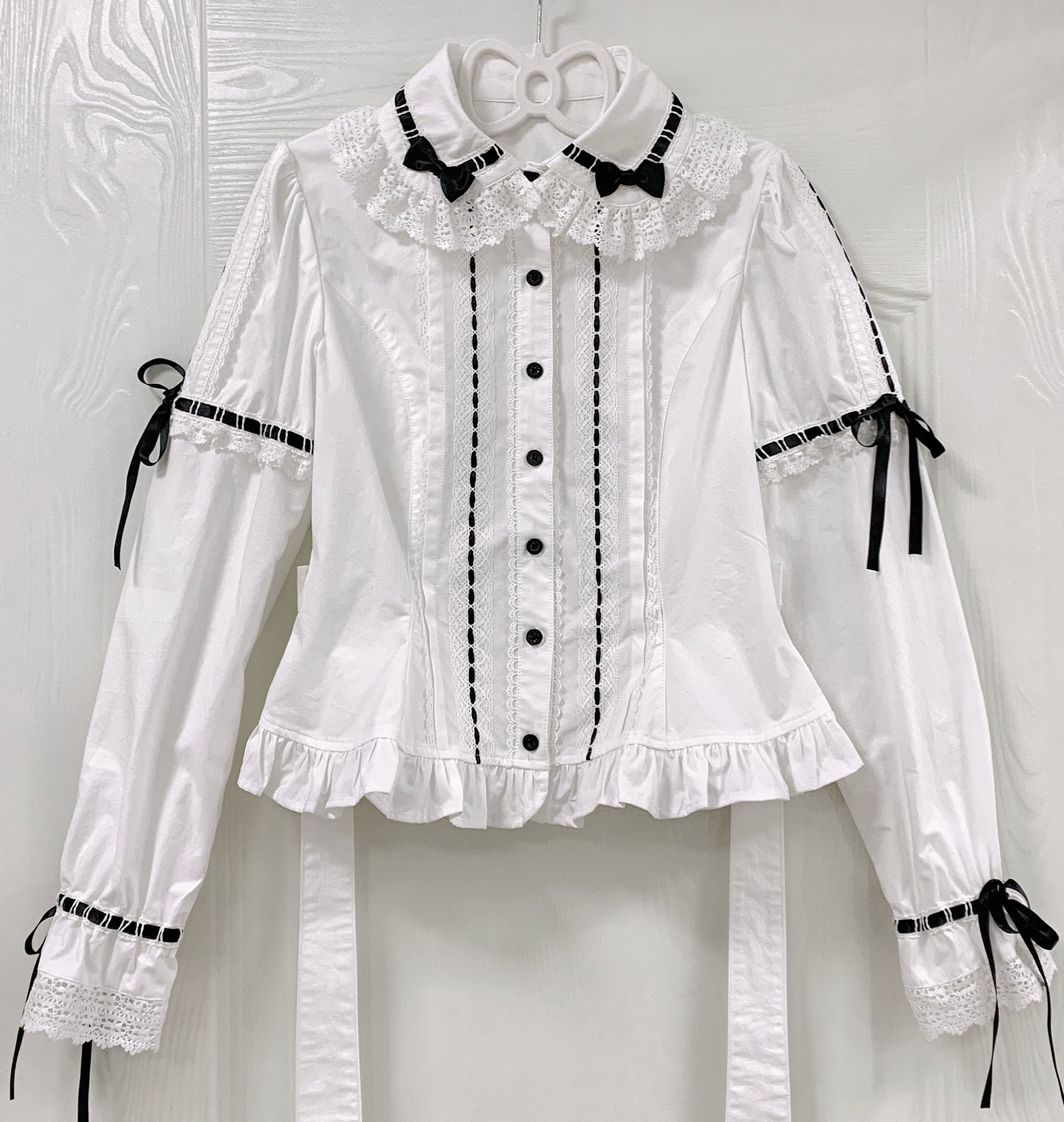 Bunny's Wish - Cotton Sweet Lolita Blouse, Long Sleeve White Blouse with Black Ribbon (Faux Raglan Sleeve) XS