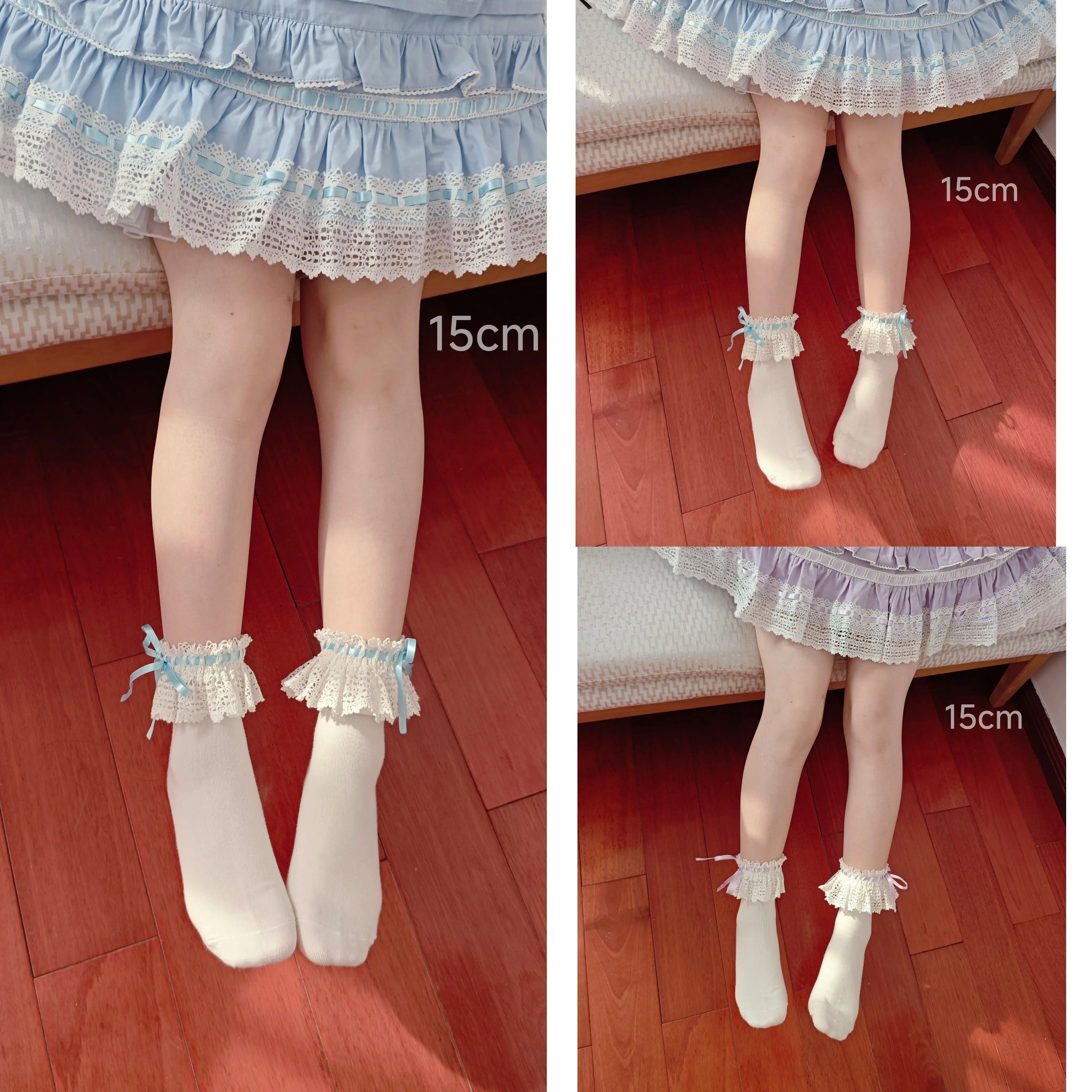 Cotton Old School Lolita White Socks with Colorful Ribbon Bows 45537:853896