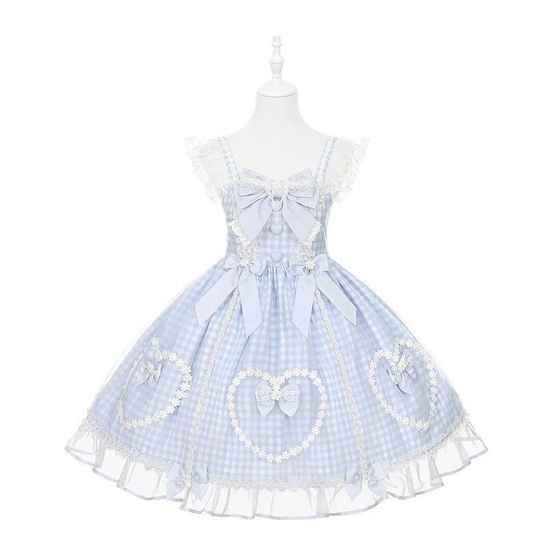 Daisy Cake - Blue Plaid Sweet Lolita JSK Dress, Daisy-trimmed Bows JSK Only S