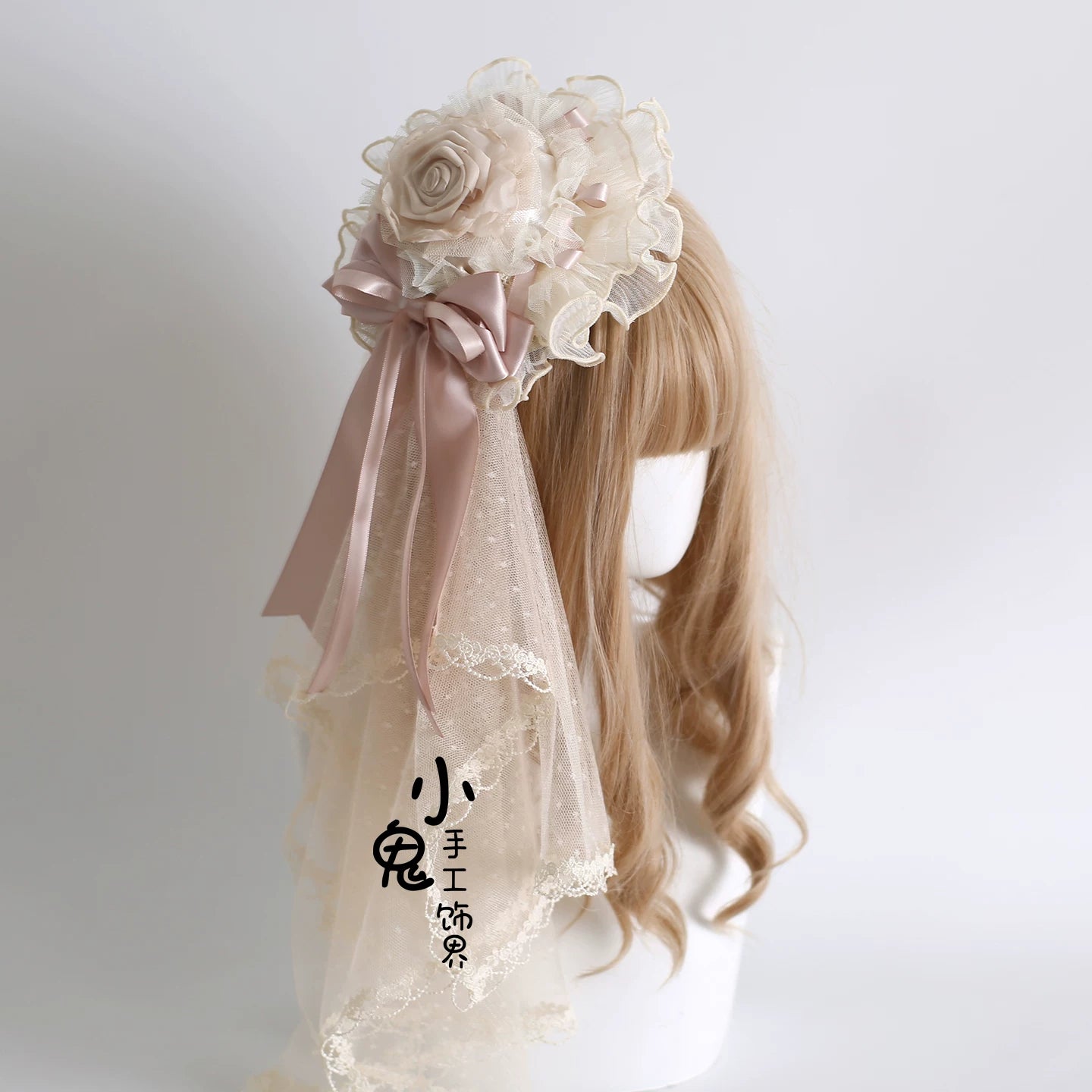 Elegant Champagne Lolita Headdress, Floral & Bows Burned Floral Top Hat with Small Veil Only (with fixed clip)