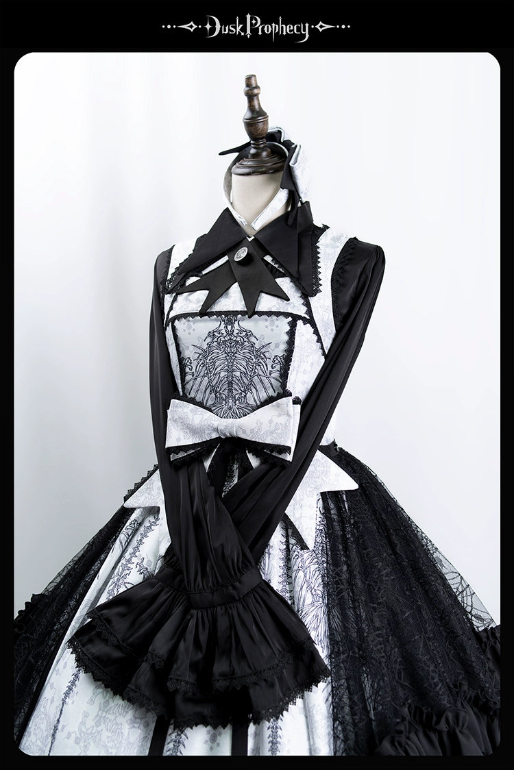 DuskProphecy - Coccyx - Elegant Lolita Dress High Waist Fishbone Print JSK Set 34722:466444
