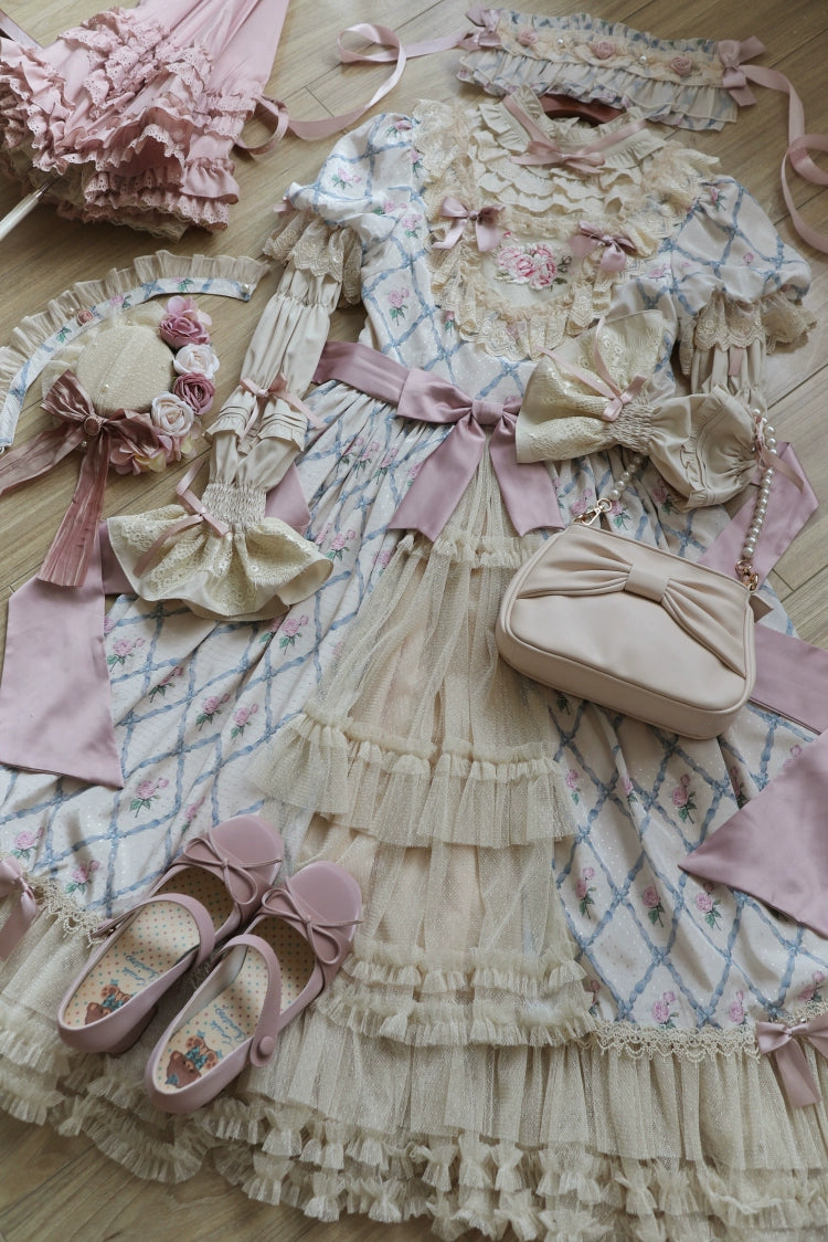 Moon River~Elegant Lolita OP Dress Short Sleeve Square Neckline Print Dress 34110:441870