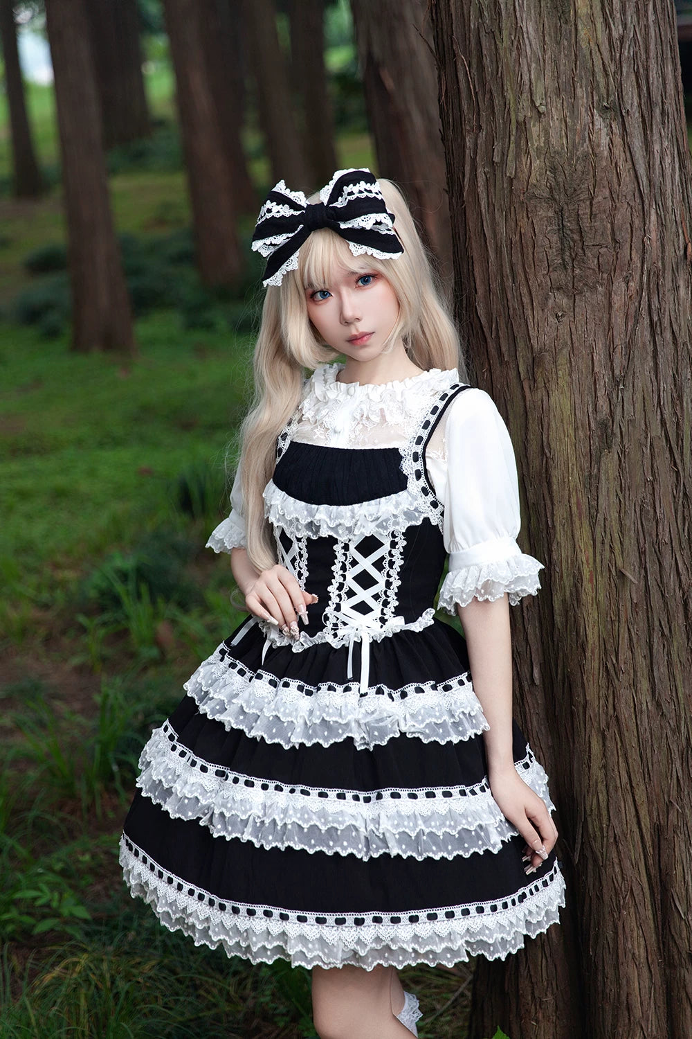 Mirror Doll - Old School Lolita Tiered Hem JSK with Polka Dot Lace 45540:853707