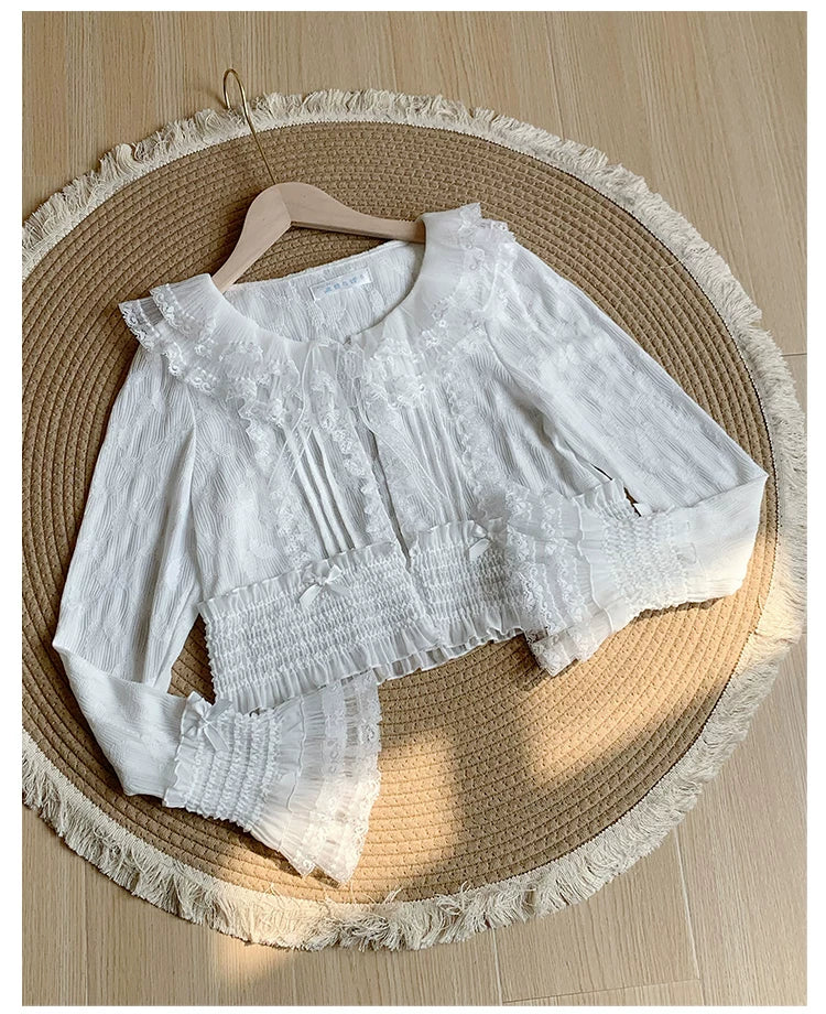 Morning Dew - Elegant Lolita Cardigan, Ruffle & Butterfly Pattern