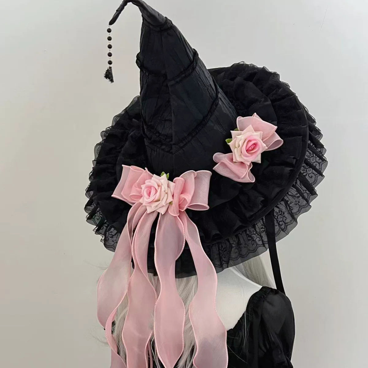 Gothic Lolita Witch Hat, Detachable Bow Black Hat (with plain brim) + Pink Bow