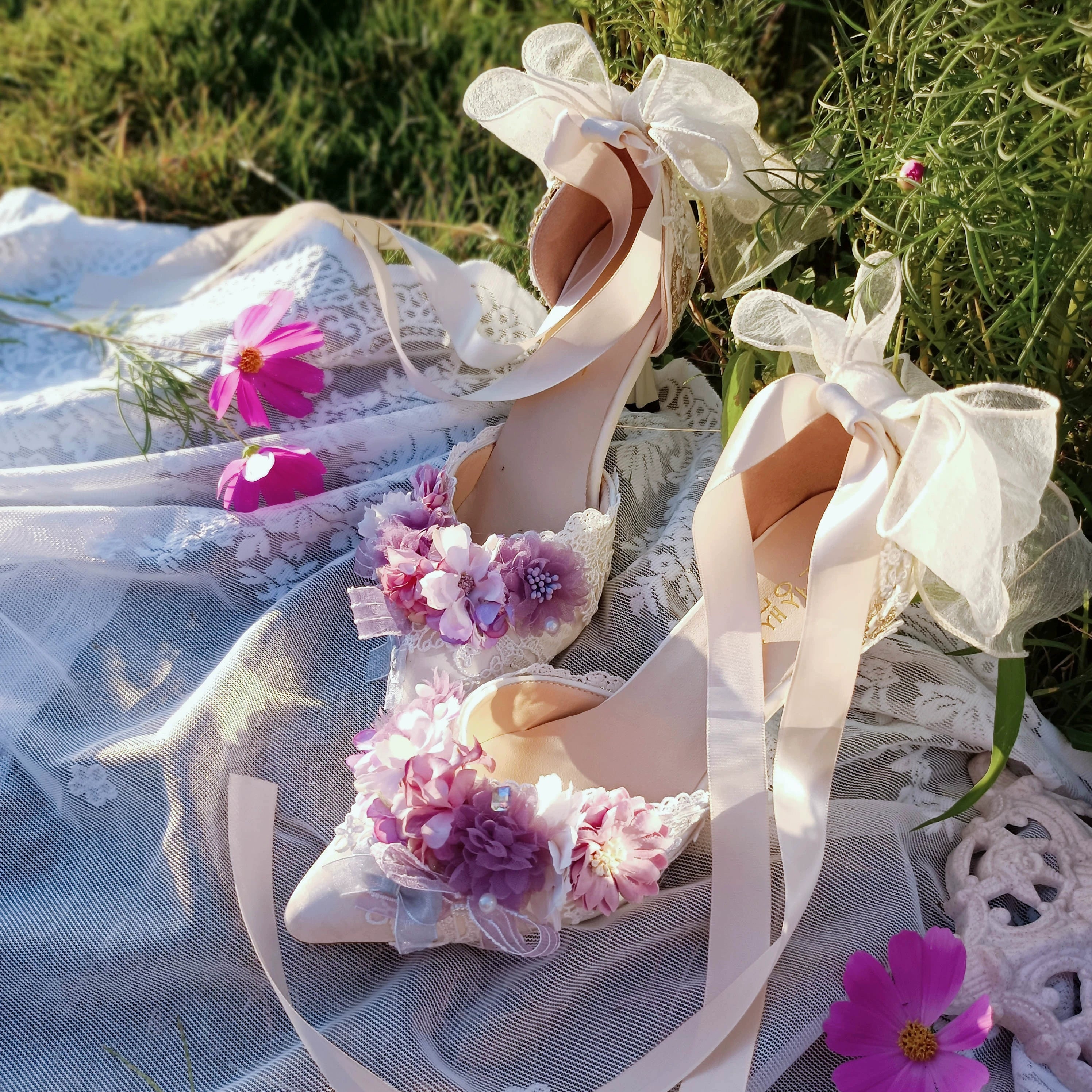Sky Rabbit - Hanami Season - Wedding Lolita Heel Shoes with Floral Decoration Light purple 34