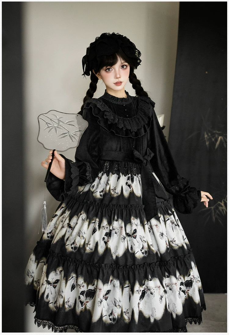 With PUJI - Dead Leaf Butterfly - Gothic Lolita JSK & OP Dress Set, Butterfly Print 44346:805403