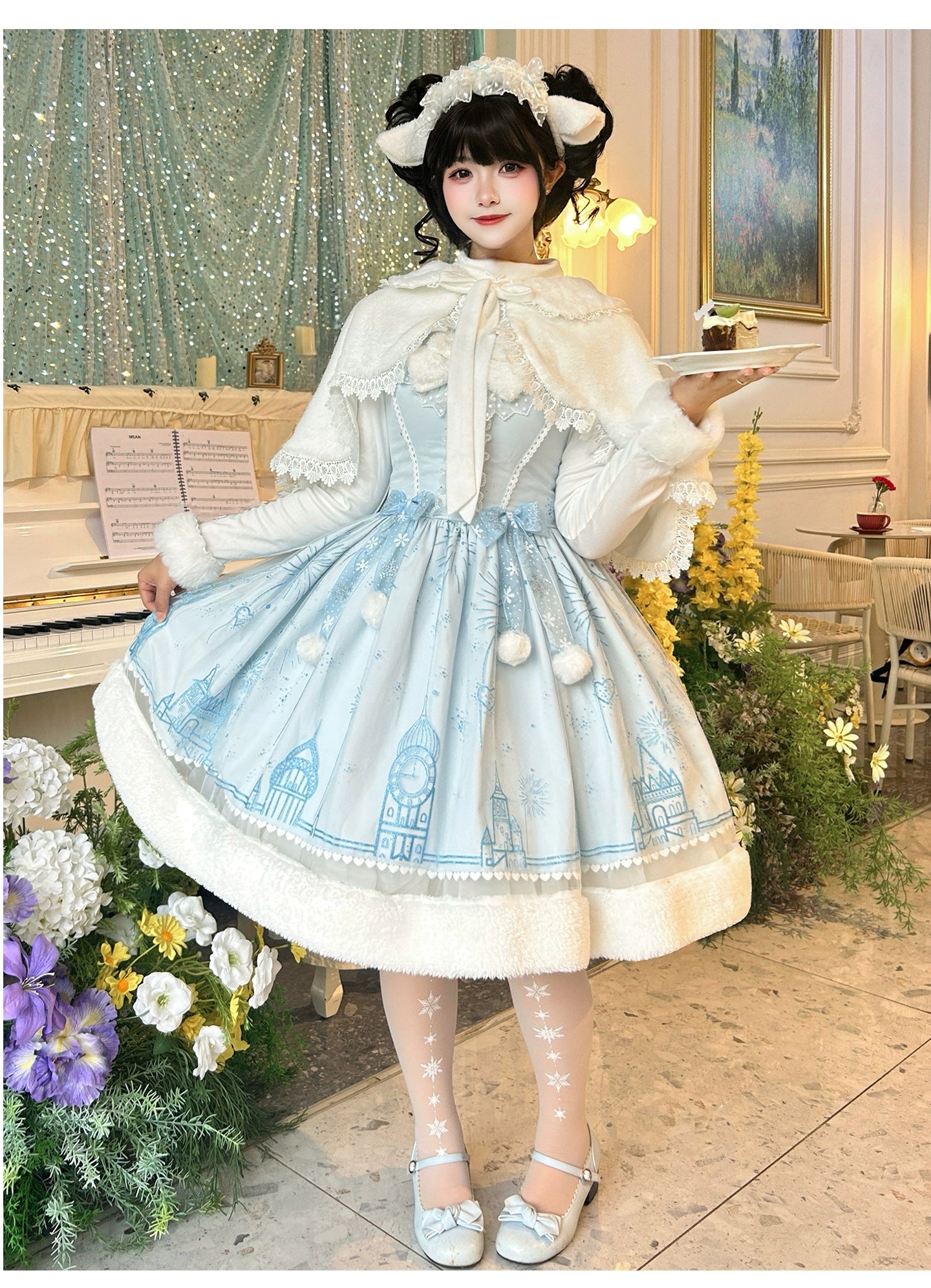 ZhiJinYuan - Snow Castle - Winter Sweet Lolita JSK Cape Dress, Blue Castle Print 44107:796473