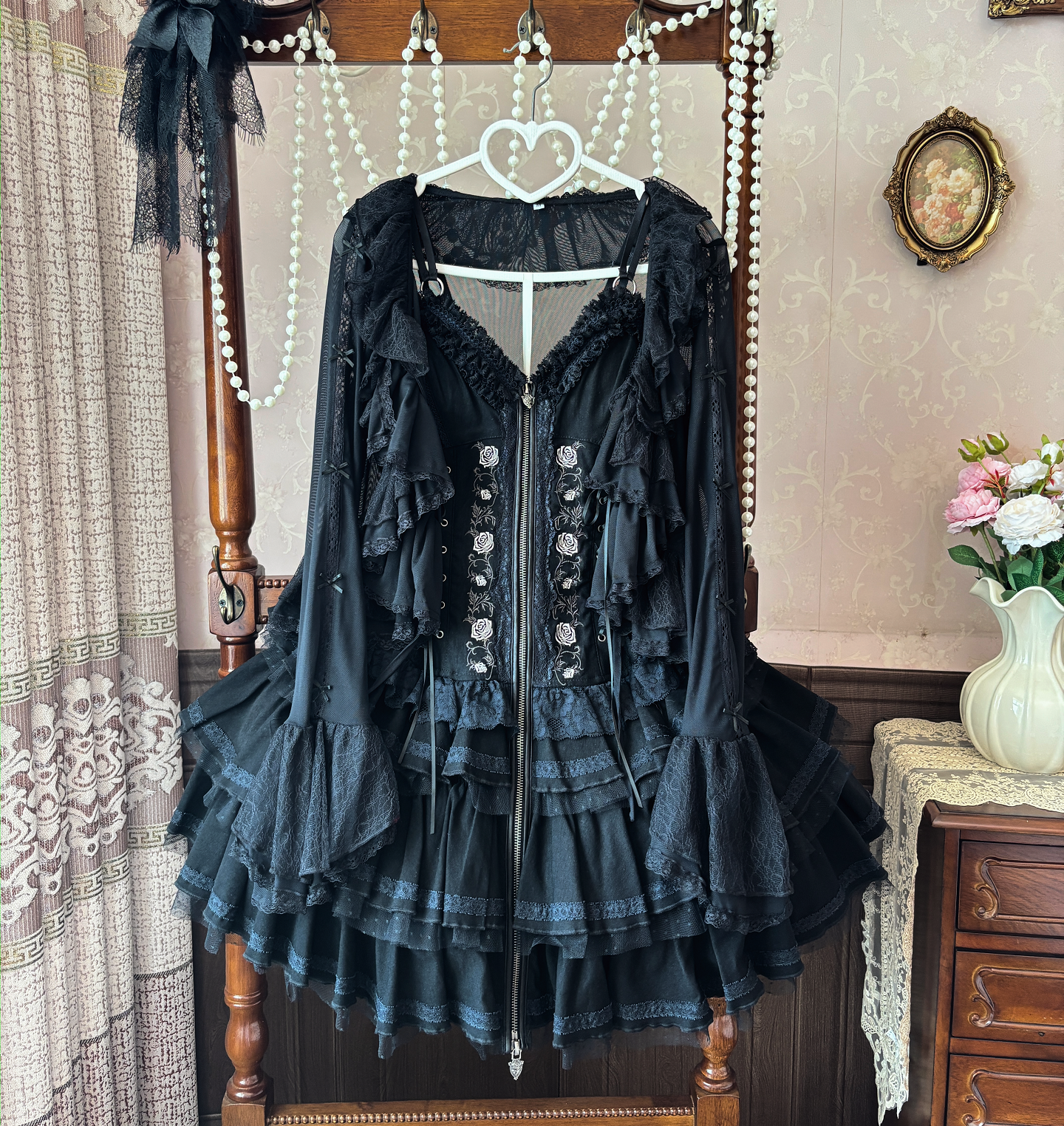 Mist Cardigan - Lightweight Sweet Lolita Bolero, Ruffle Details (Black / L M S XL) 44496:810962