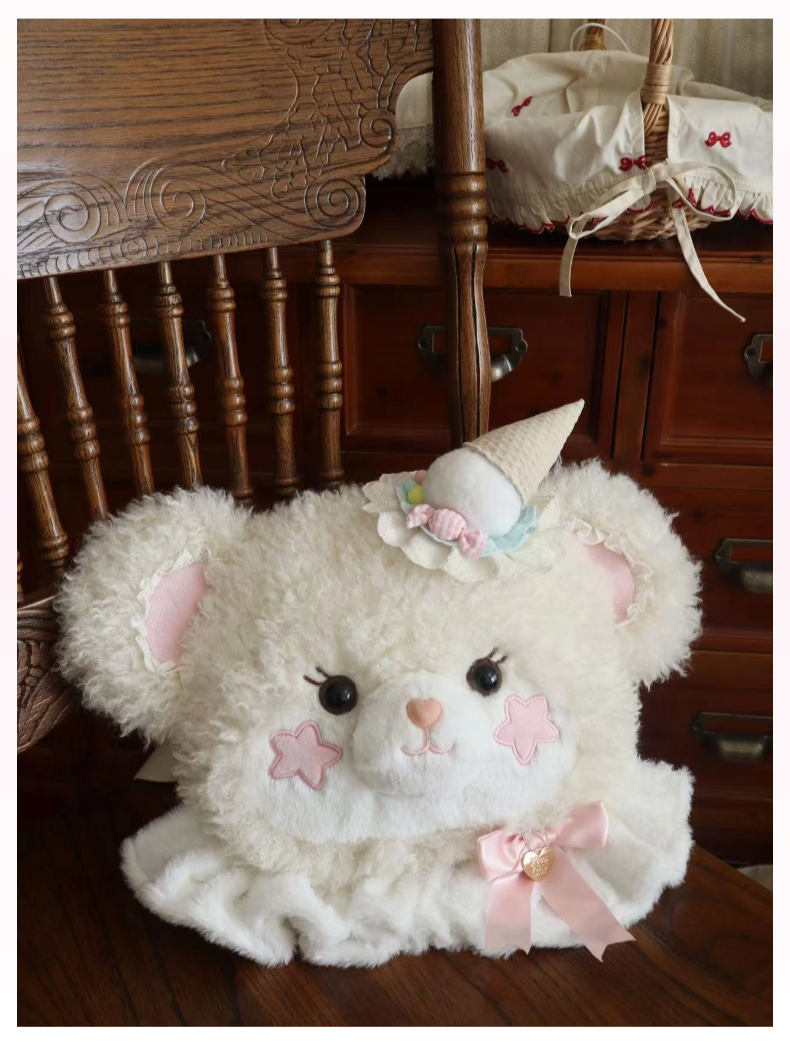 Cavernose - Sugar Star Bunny & Bear - Kawaii Lolita Bear & Bunny Plush Bag Medium size Off-white bear (with ice cream accessory) - pre order