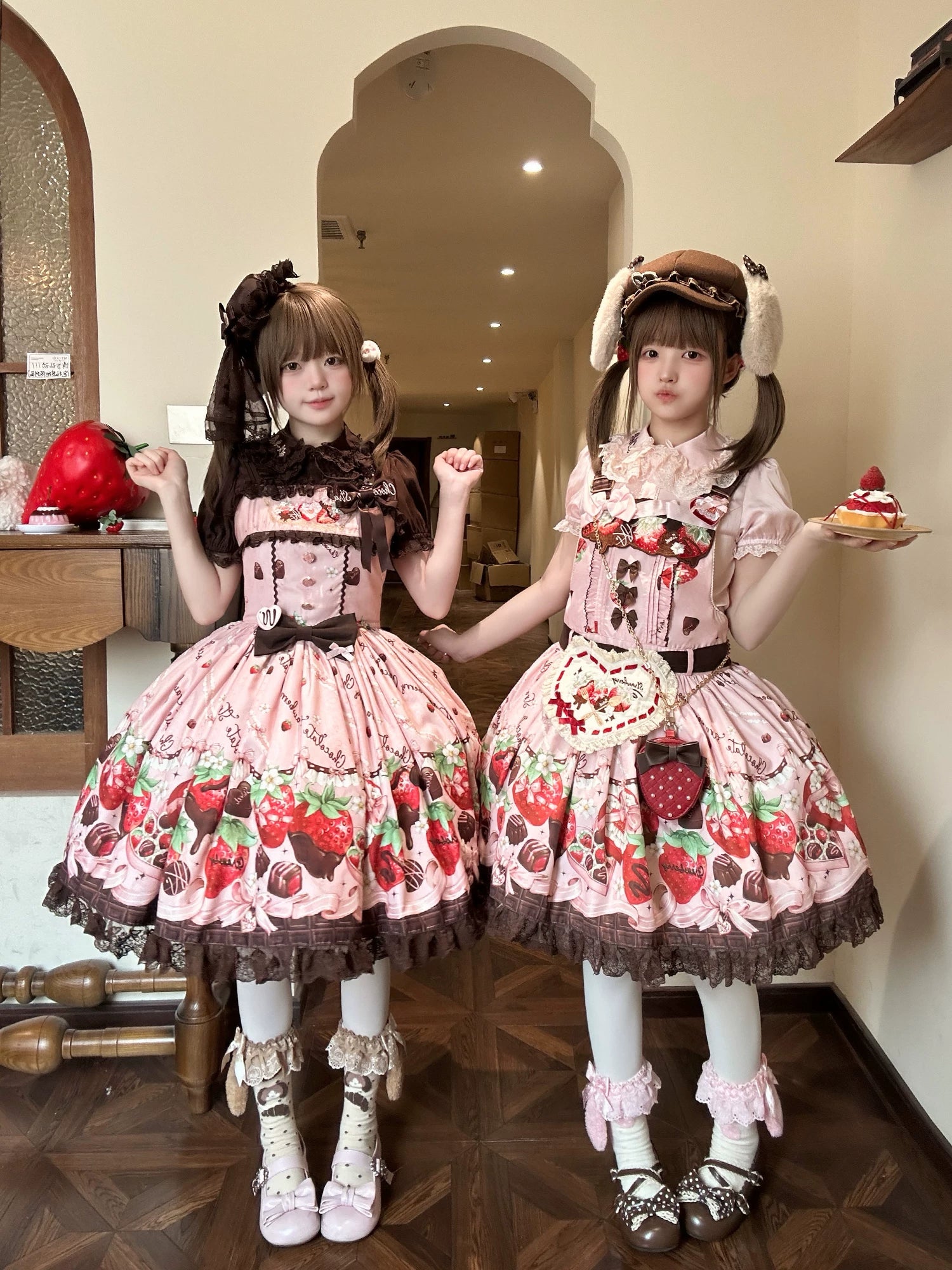 Strawberry Chocolate Lovers - Kawaii Lolita Embroidered Printed Dress 44882:840456