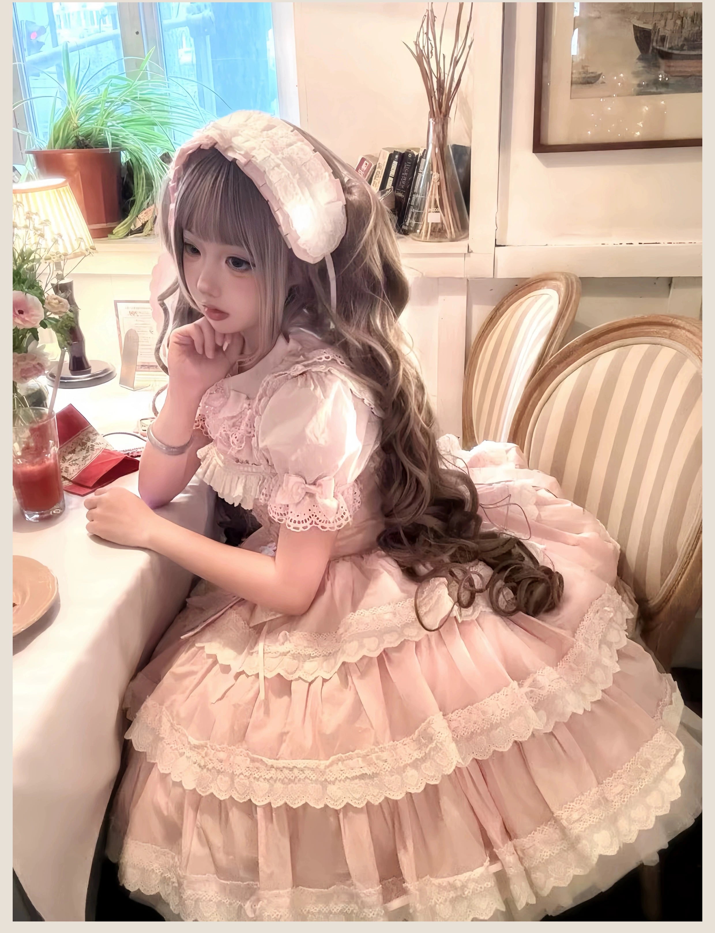 Otome Heart - Cotton Old School Lolita JSK Dress Suit, Heart-Shaped Lace Trim 43381:774545
