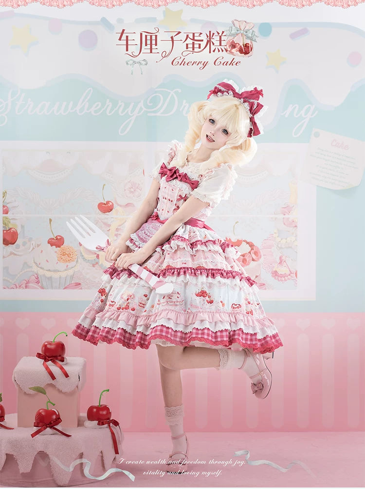 Cherry Cake - Printed Sweet Lolita JSK Dress, Embroidered Apron 44904:827159