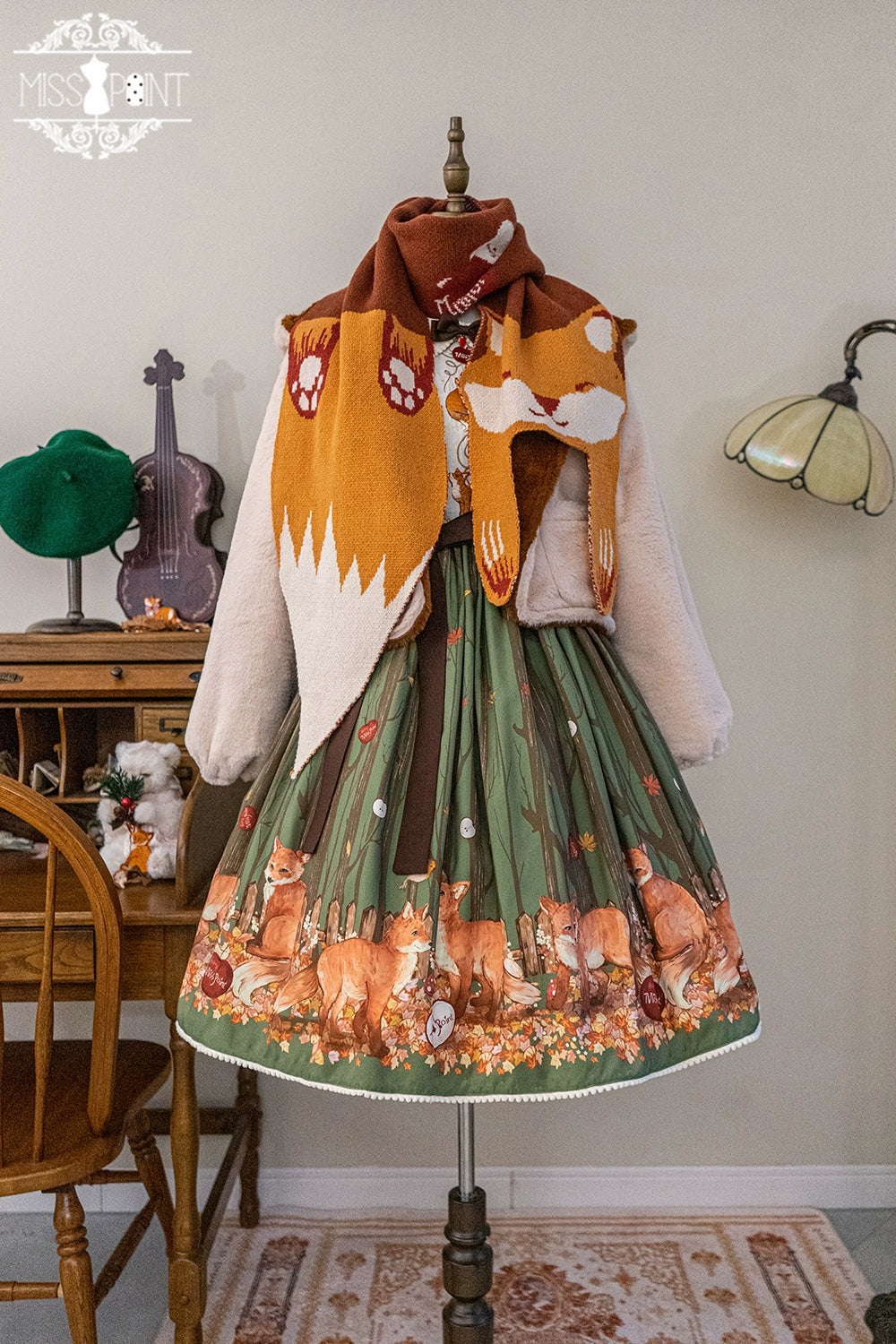 Miss Point - Chubby Fox in the Forest - Kawaii Lolita Accessories Knitted Fox Scarf Embroidered Faux Collar