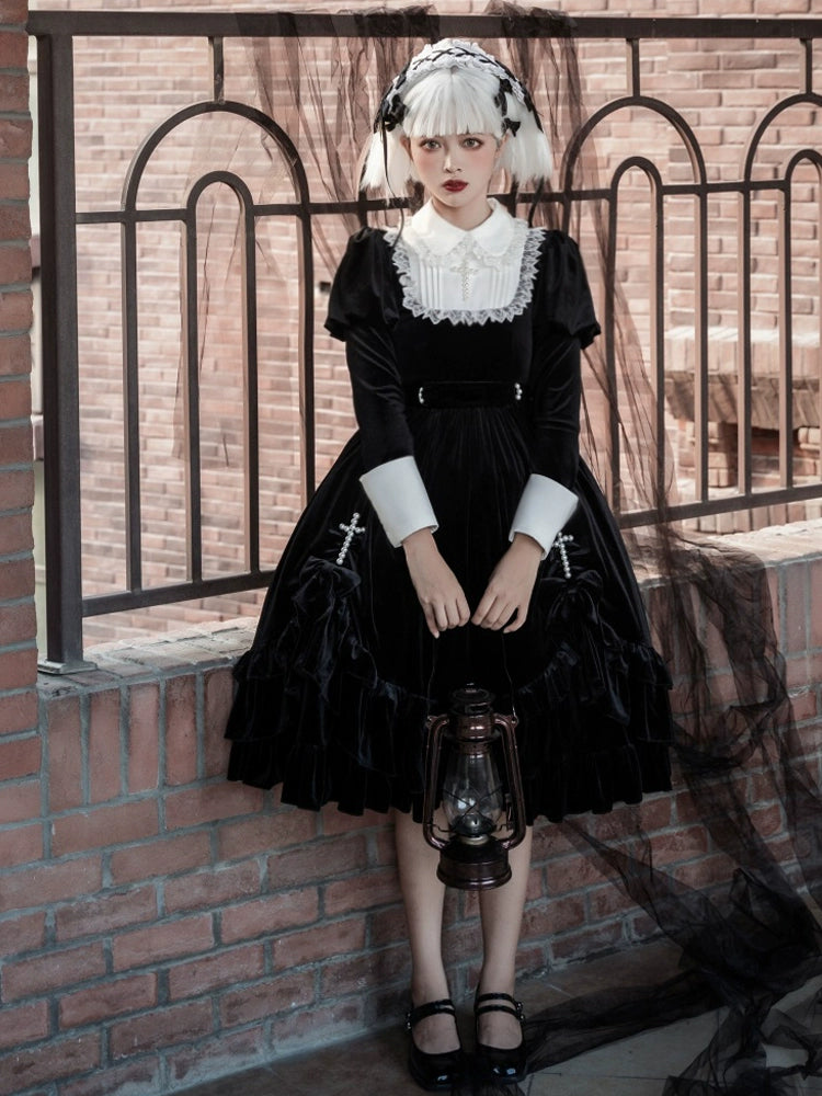 Your Princess - Gothic Lolita Velvet Maid OP Dress, Pearl Cross Accents 44047:794497