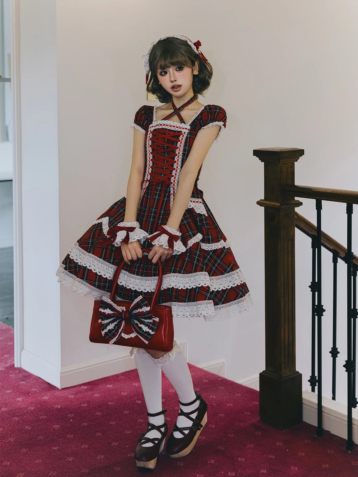 Showa Sweetheart - Old School Lolita OP Dress, Ruffled Lace Hem 45887:866815