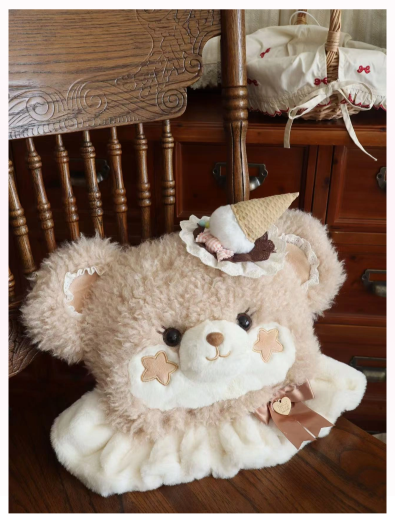 Cavernose - Sugar Star Bunny & Bear - Kawaii Lolita Bear & Bunny Plush Bag Medium size Khaki bear (with ice cream accessory)