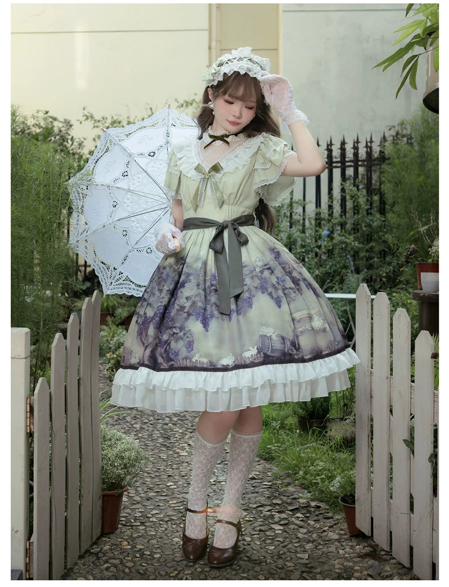 Grape Manor - Back Zipper Classic Lolita OP Dress, Bunny and Grape Print