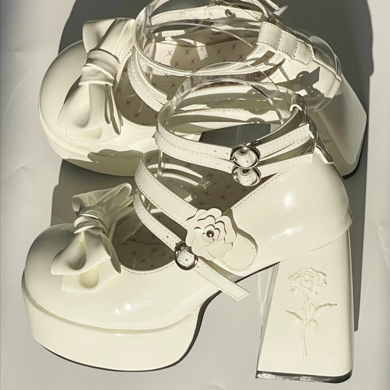 Dreamland - Whispers of the Rose - Daily Lolita Platform Heels Shoes with Relief Rose Shine White (back heel height: 11 cm) 34