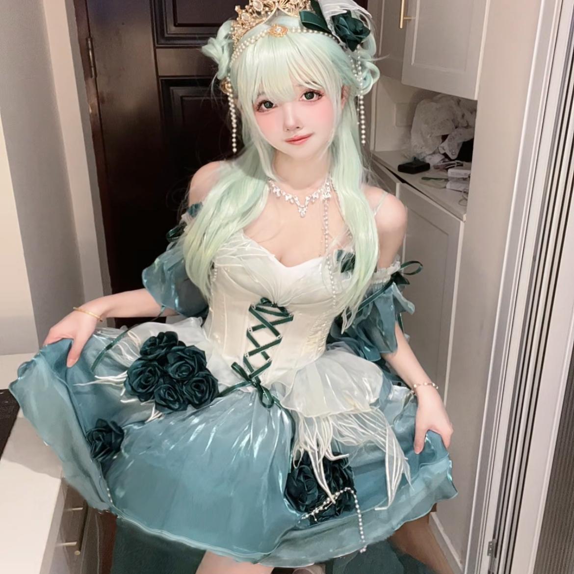 Meowing and fruity - Swan Fantasy - Fairy Lolita Short JSK Ballet-Style Jumper Dress Amber Green - Single JSK Only S