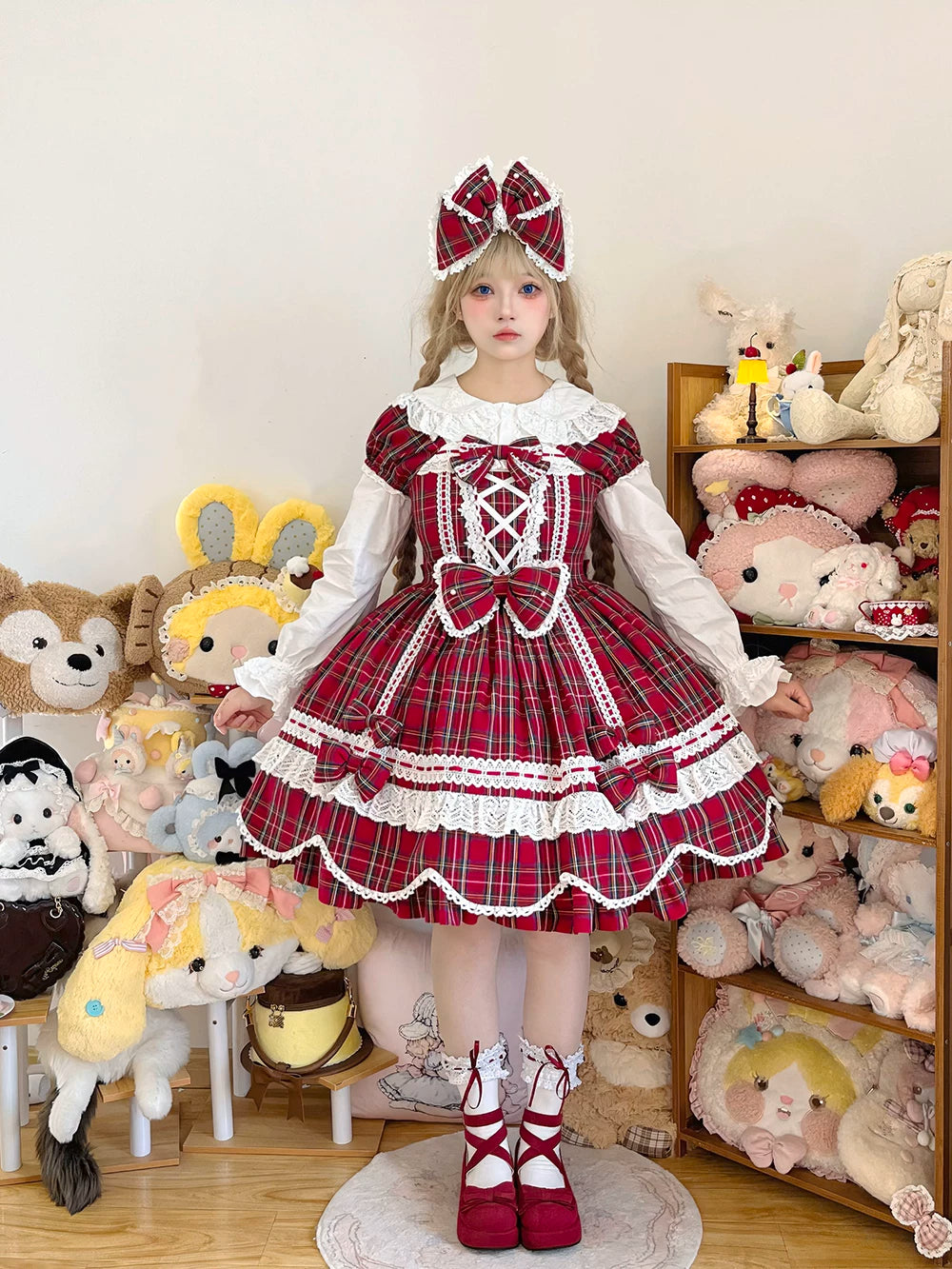 Plaid Petal Bunny - Old School Lolita Plaid OP Dress, Petal-shaped Hem 44673:818326