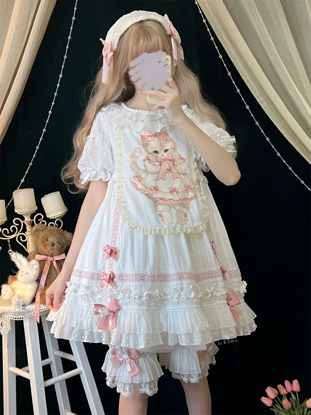 Ilovexiaolu - Meow Lullaby - Cotton Kawaii Lolita OP Dress with Removable Kitty Apron White - OP S Short Version