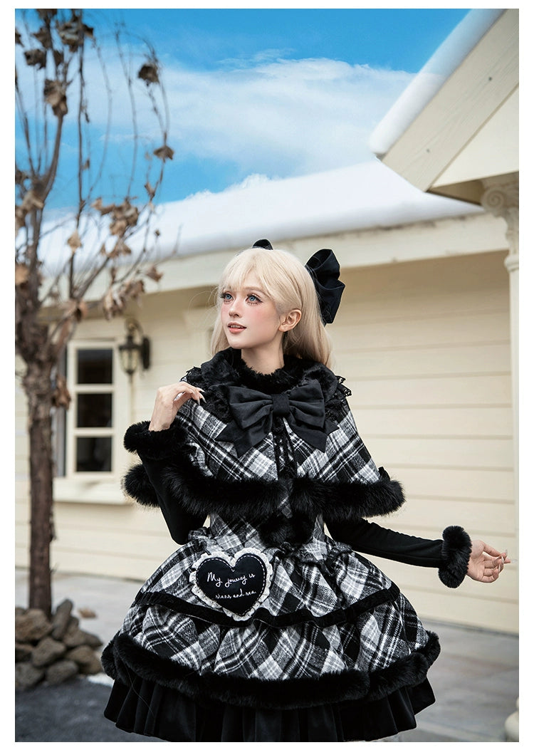 With PUJI - Snow Night Serenade - Fluffy Plaid Kawaii Lolita JSK, Reversible Cape 44279:802318