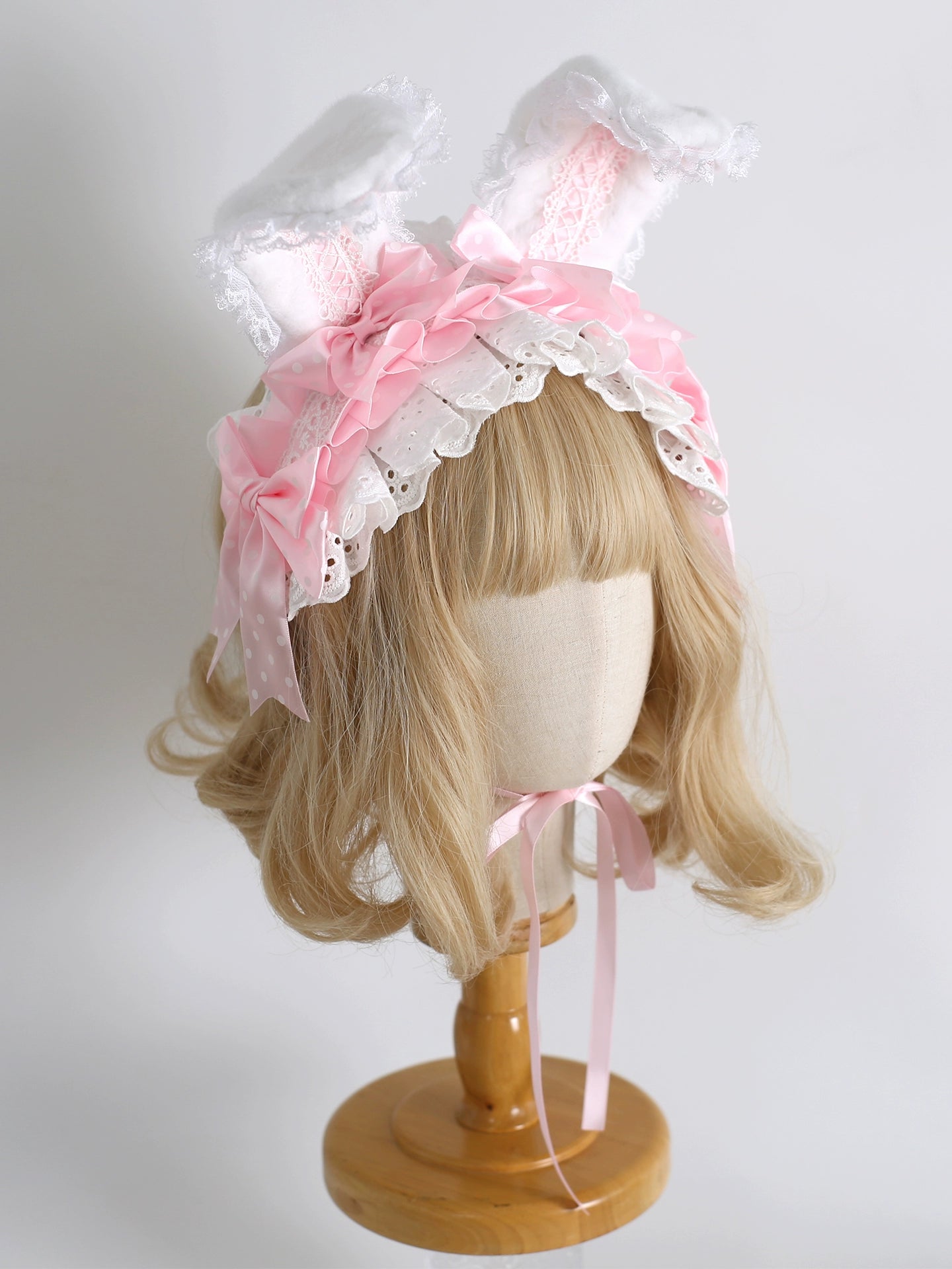 Xiaogui - Sweet Lolita Polka Dot Lace Hairband, Shapeable Bunny Ears 44127:797249