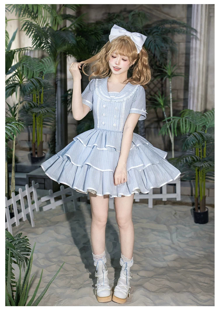 Seven-Day Bell - Blue Classic Lolita Striped OP Dress, Sailor Collar