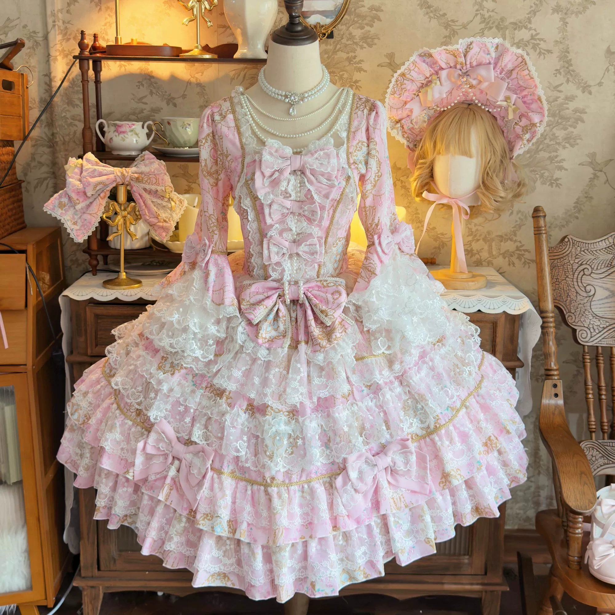 Hanguliang - Candlelight Sonata - Sweet Lolita Long Sleeve OP, Tiered Ruffles (L M S) 43988:790881