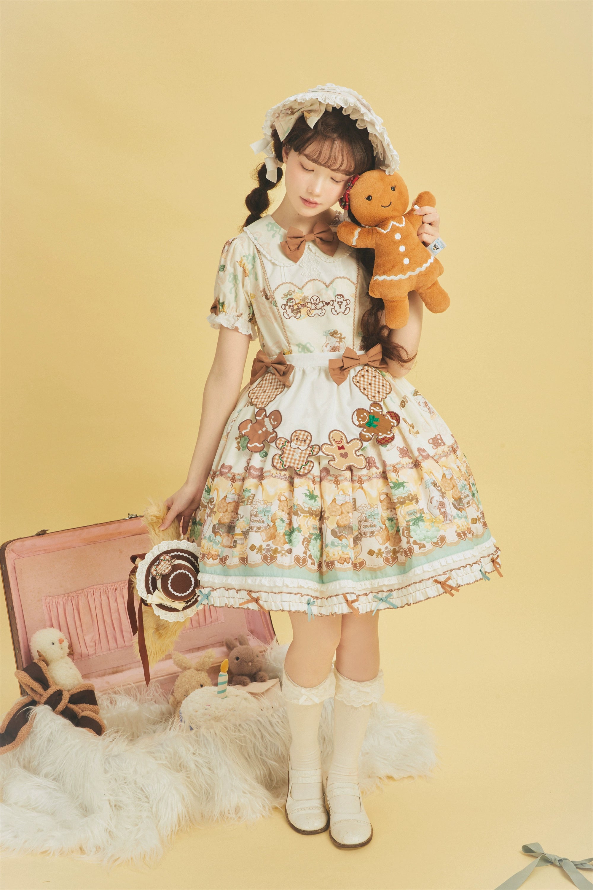 Babyblue~Little Bear Honey Jar~Kawaii Lolita Short Sleeve OP Gingerbread Man Embroidered Dress 40362:656874