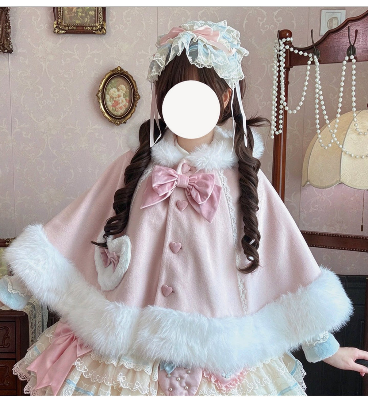 Floppy Bunny Ear -Sweet Lolita Winter Fleece-Lined Cape Coat with Bunny Ears Pink Cape Coat