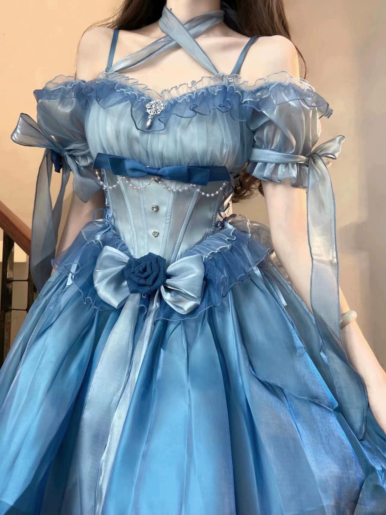 Meowing and fruity - Elegant Lolita Gorgeous Trailing With Large Hem & Shoulder Strap Deep Sea Blue - Shoulder Straps/Pair (without halterneck tie) One Size
