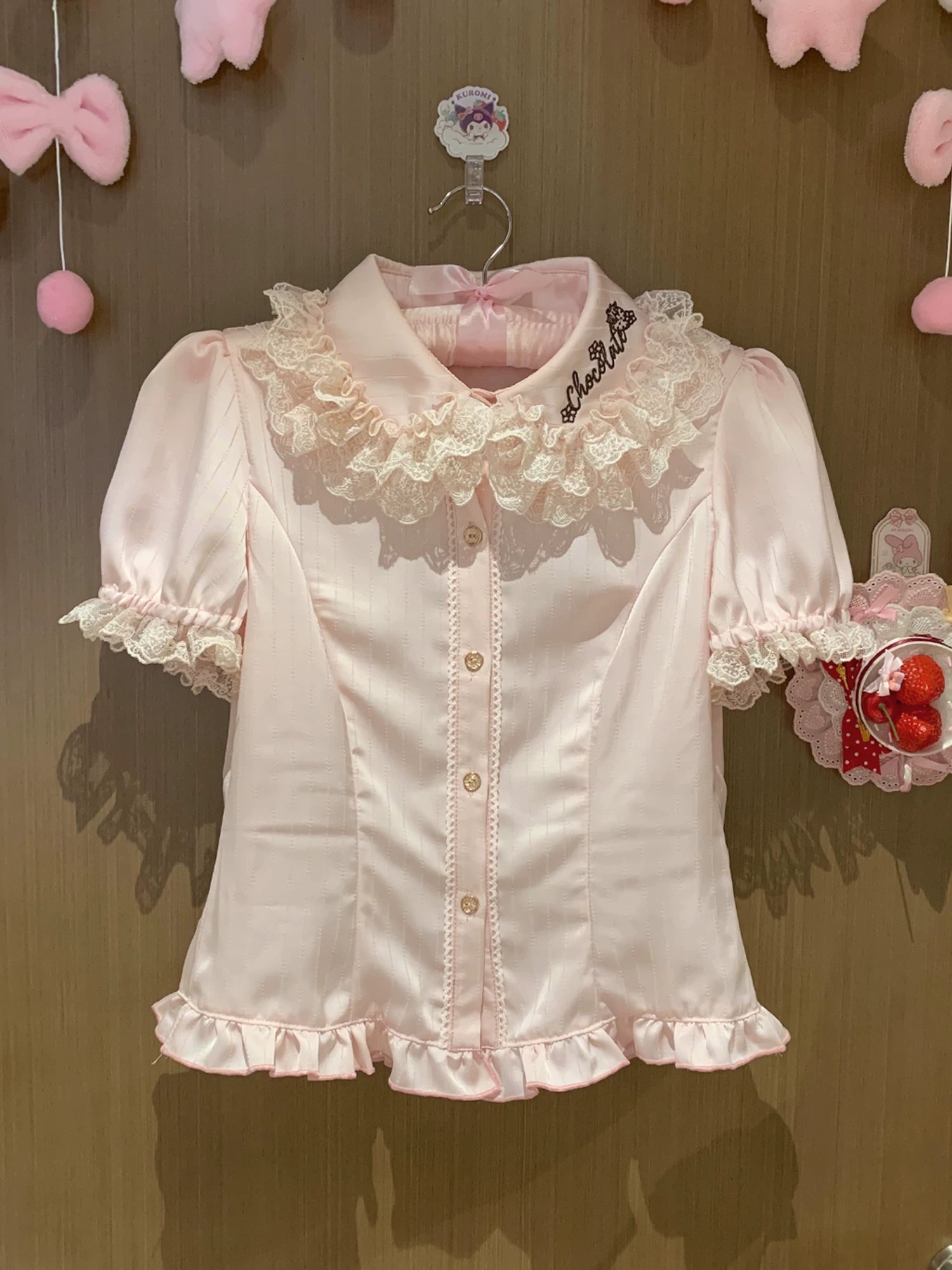 Strawberry Chocolate Lovers - Kawaii Lolita Embroidered Printed Dress Pink - Striped Shirt Only S