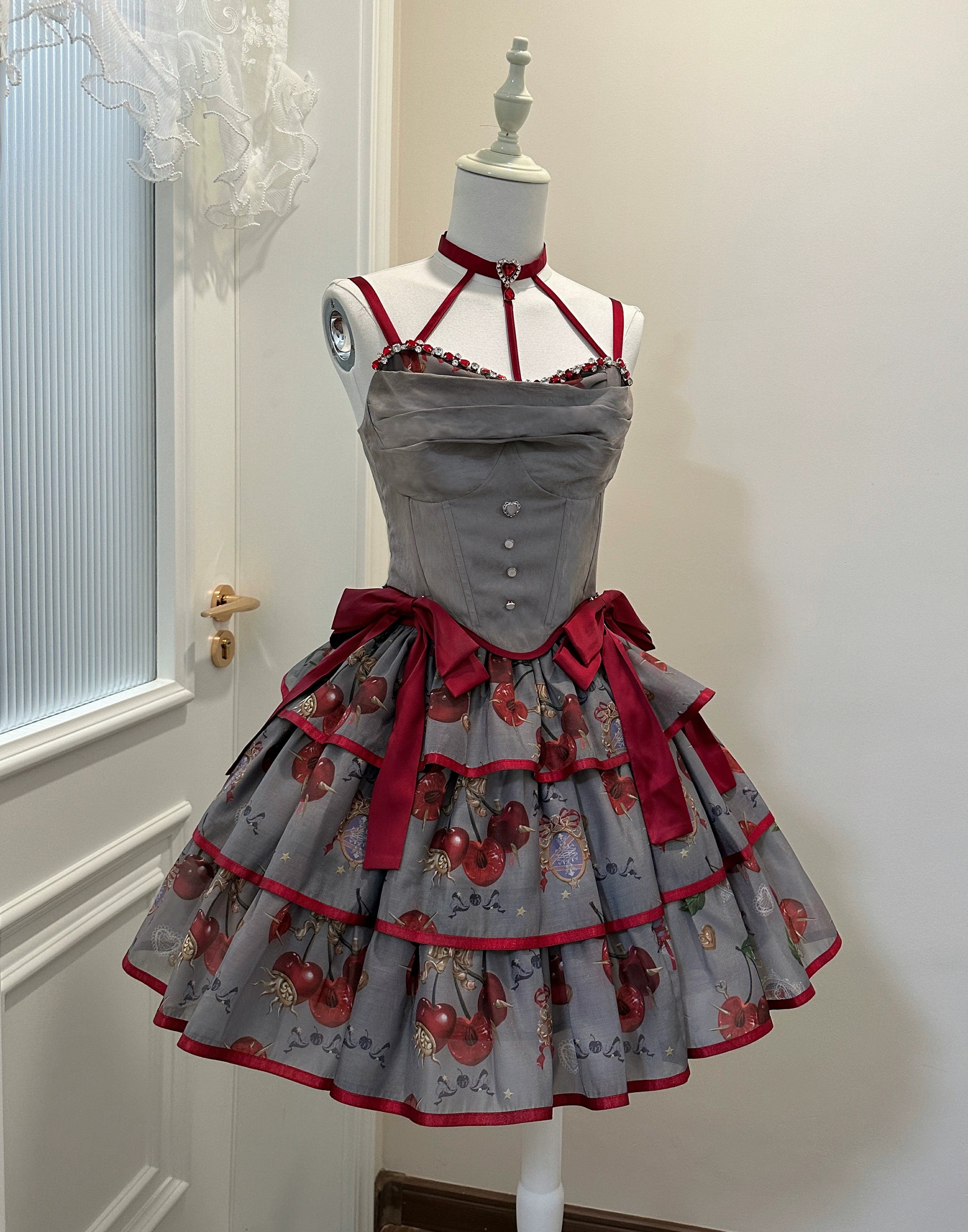 (Buy for me)Gloaming~Sweet Lolita Cherry print Short Sleeve OP and SK Set 28840:322566