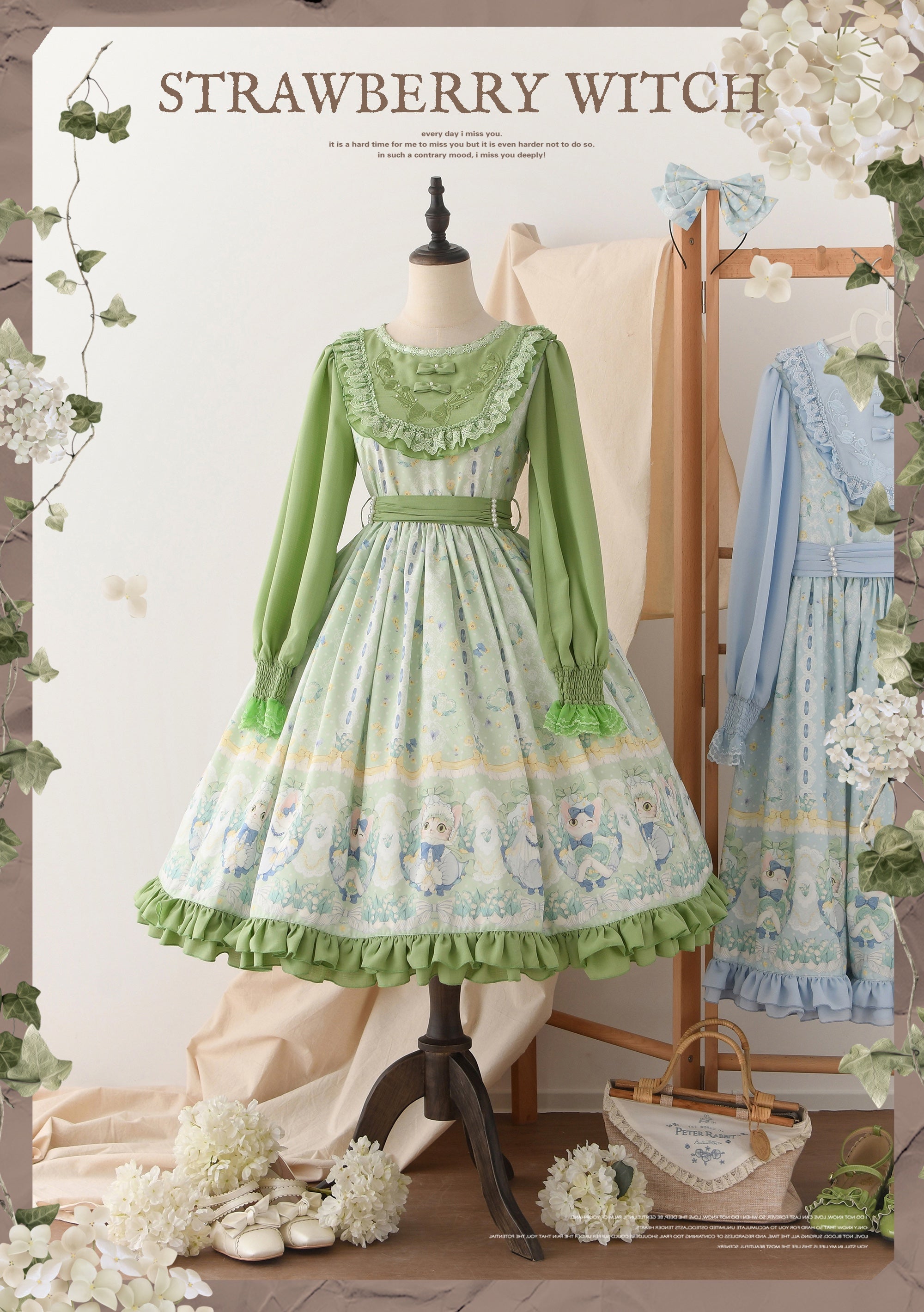 Strawberry Witch - Lily of the Valley Kitten - Country Lolita OP with Embroidery and Cat Print Green OP - long sleeves S OP Only