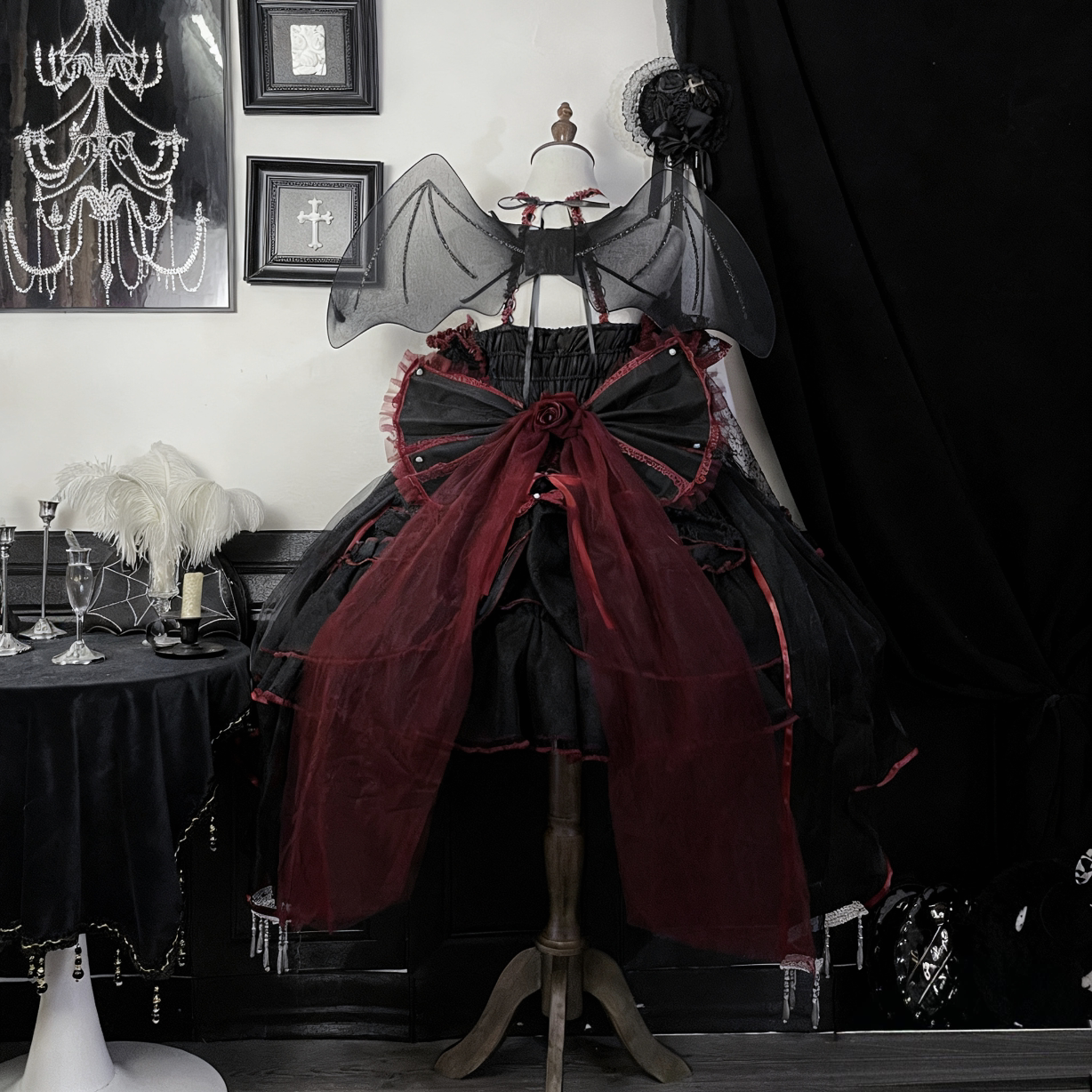 Cascading Poetry - Gothic Lolita JSK Dress, Lace & Tiered Hem Devil Wing Only (one size / choose M) S