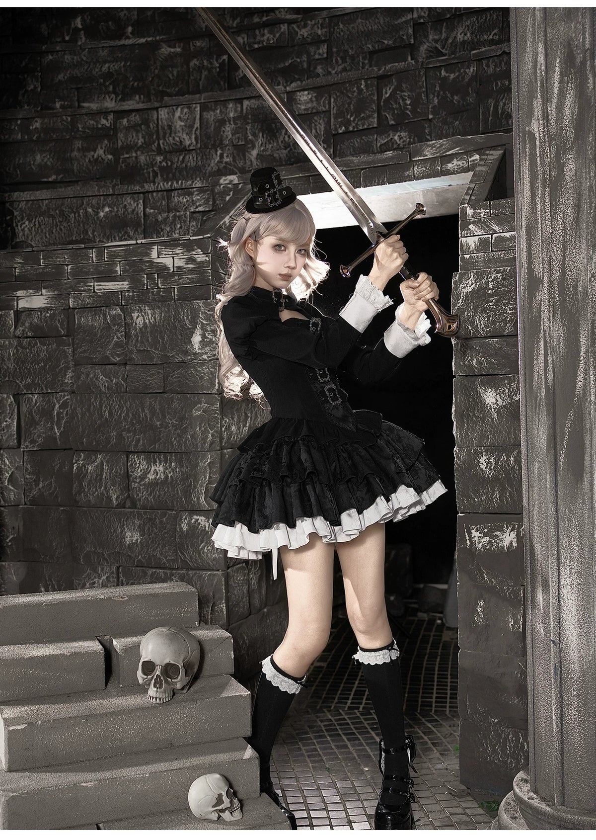 Klein - Black and White Gothic Lolita OP Dress Set, Metal D-rings 45996:871458