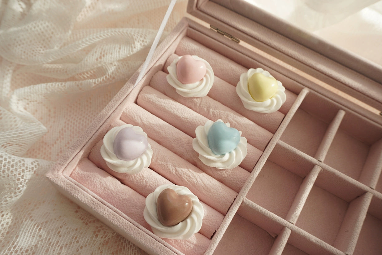 Cat Tea Party - Cute Lolita Ring Handmade Clay Cream Heart Shape Adjustable Ring
