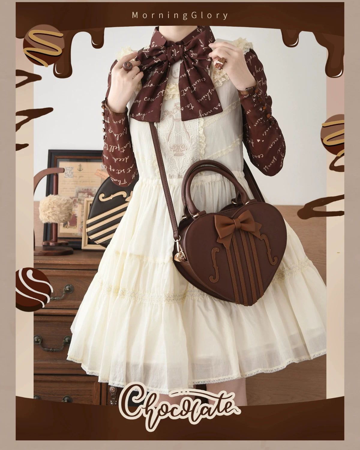 Heart of Violin - PU Classic Lolita Heart Shaped Bag, Violin and Bow Detail 45630:856444