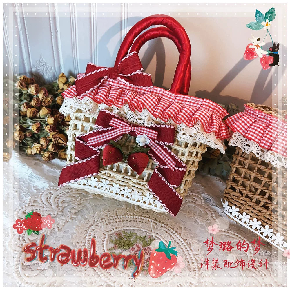 Country Lolita Straw-woven Bag, Strawberry Accent